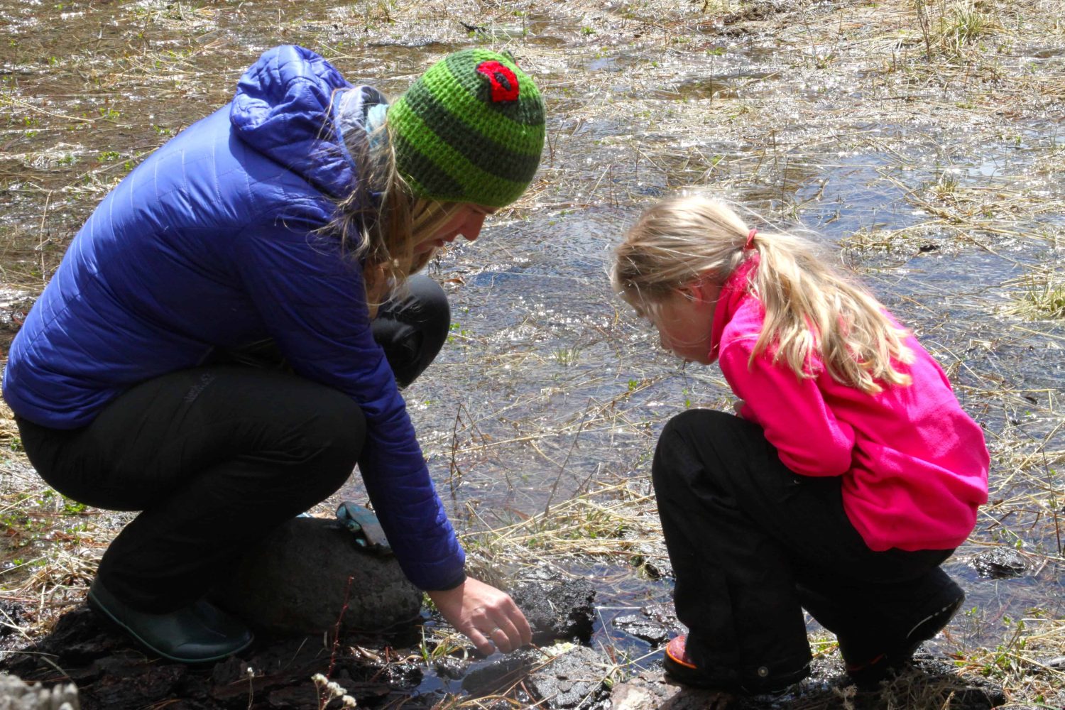 kindergartener and teacher examining a rock