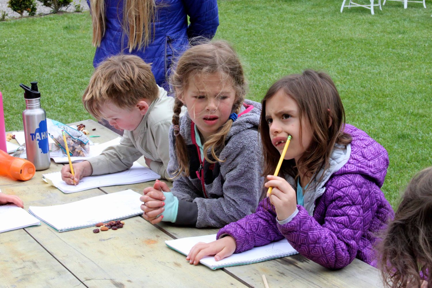 students studying at a picnic table