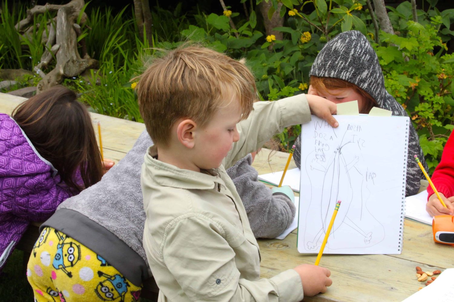 kid pointing at a drawing in his notebook