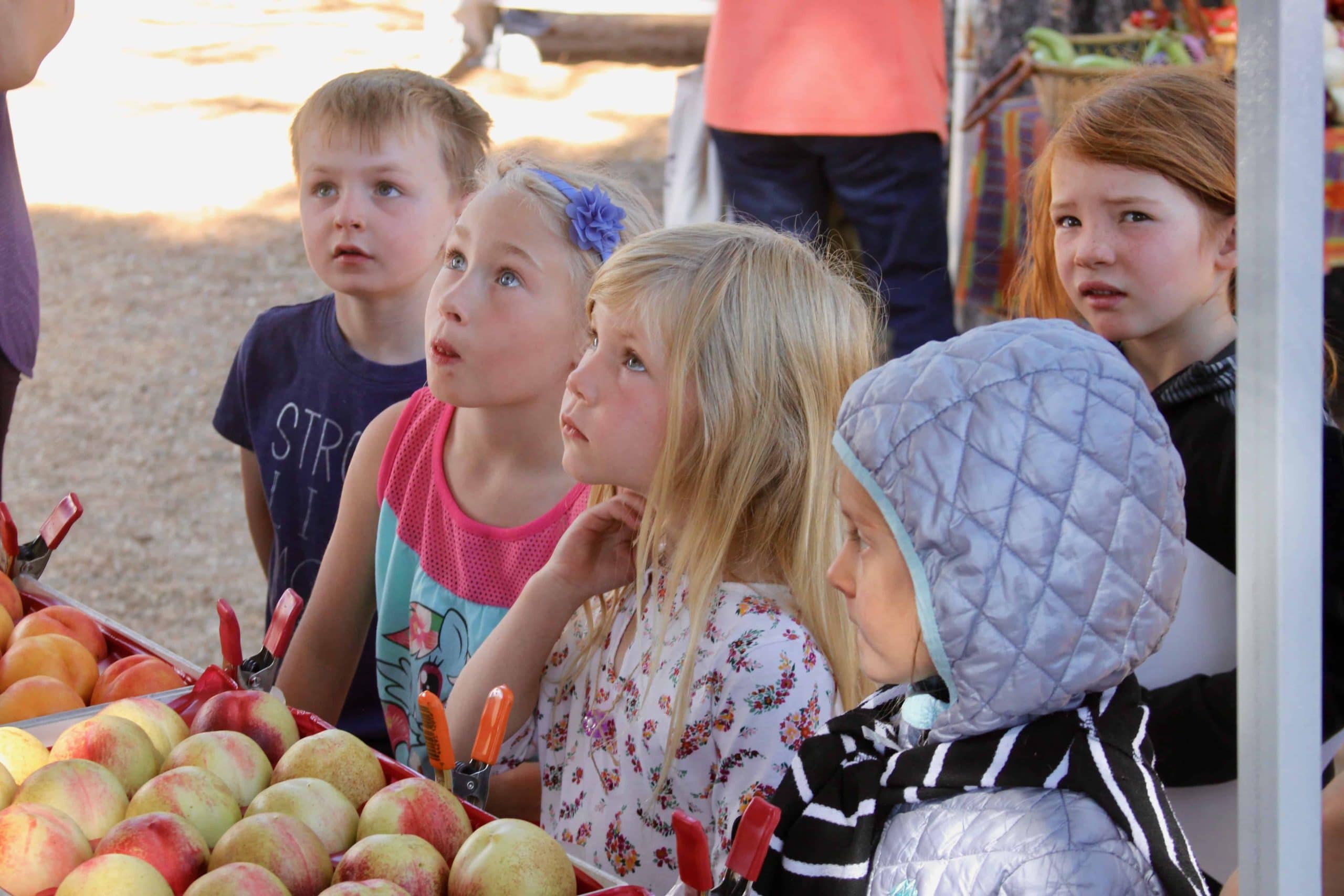 elementary students in front of a fruit vendor