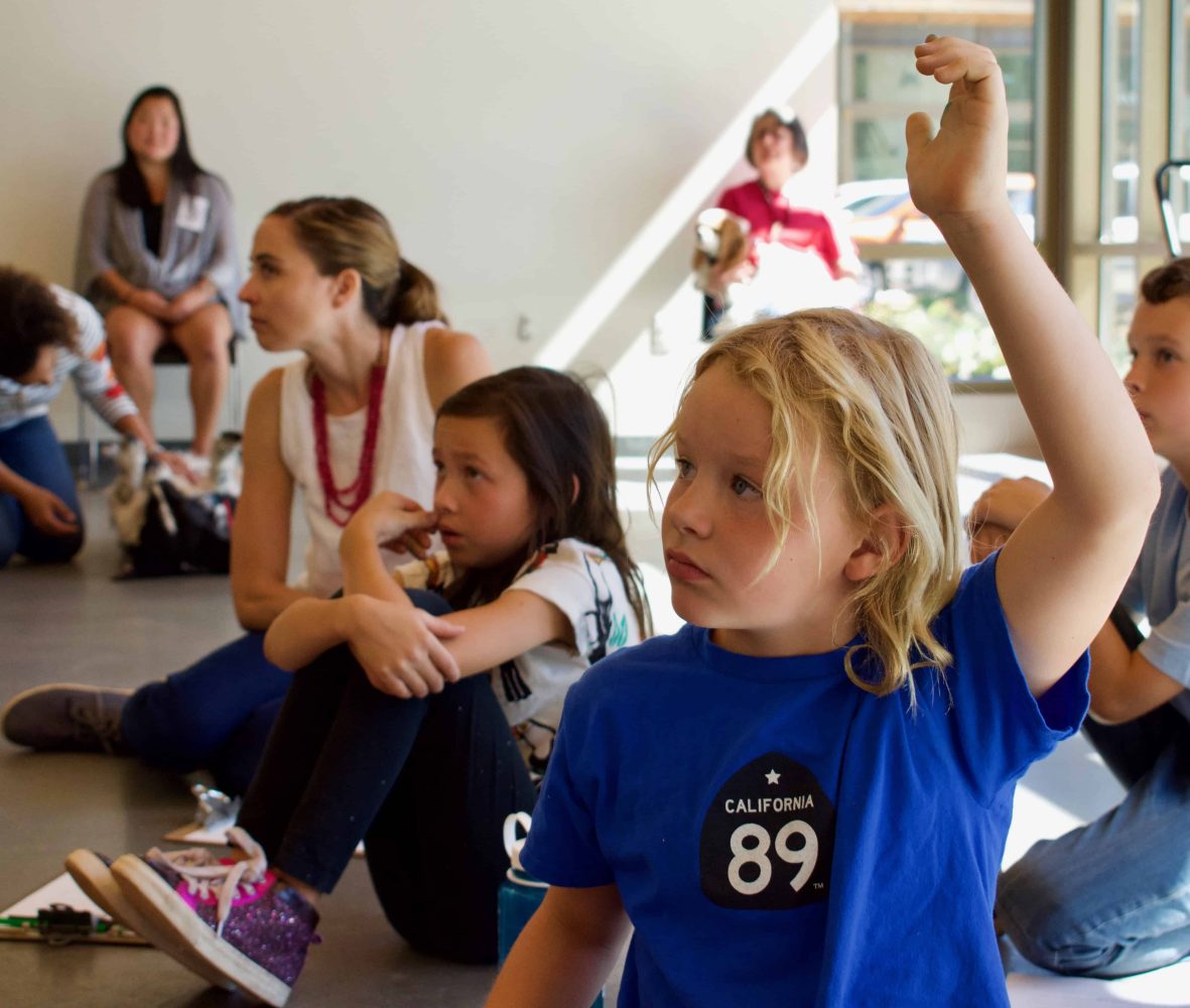 a student with a blue shirt raising his hand