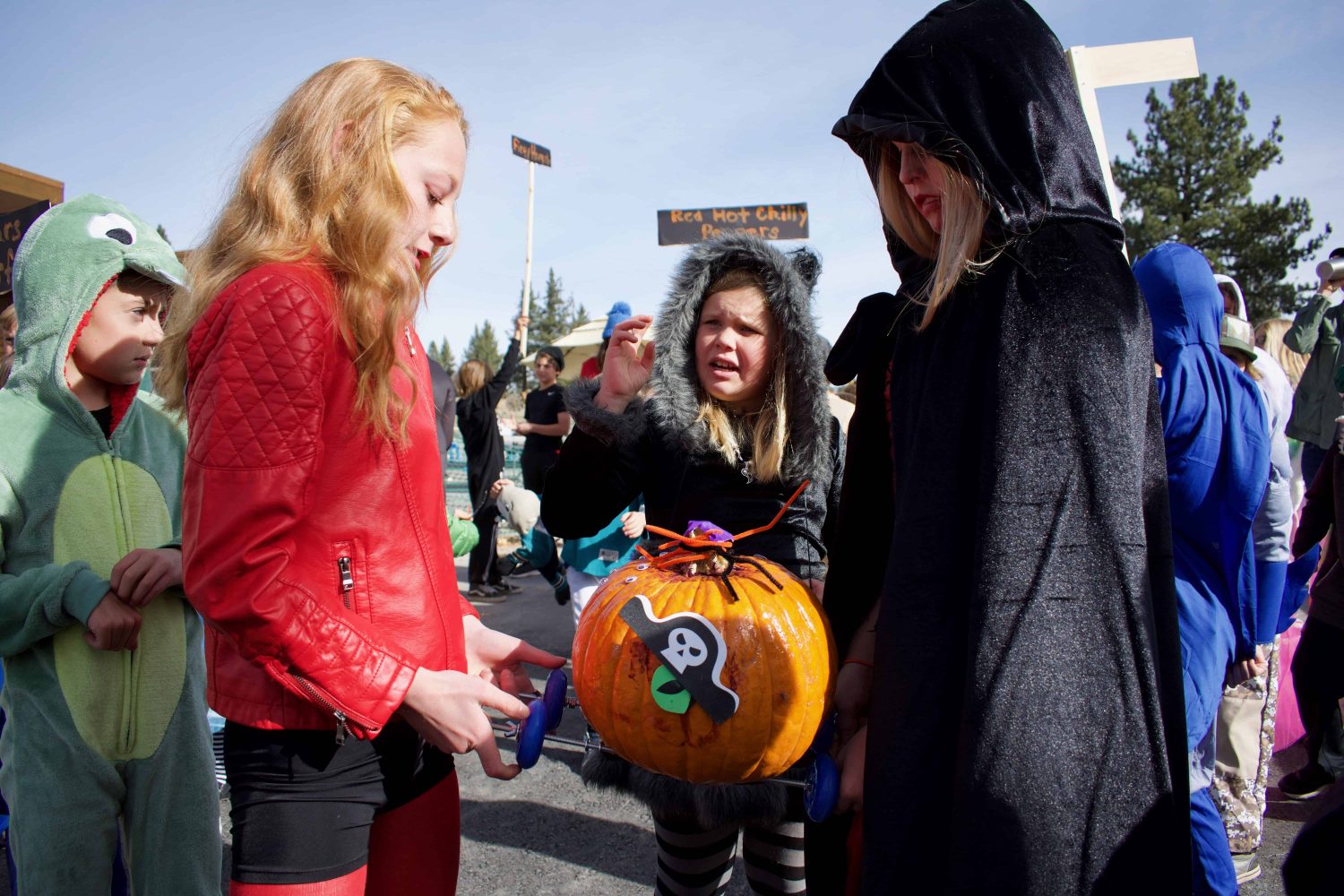 students in costume talking to each other