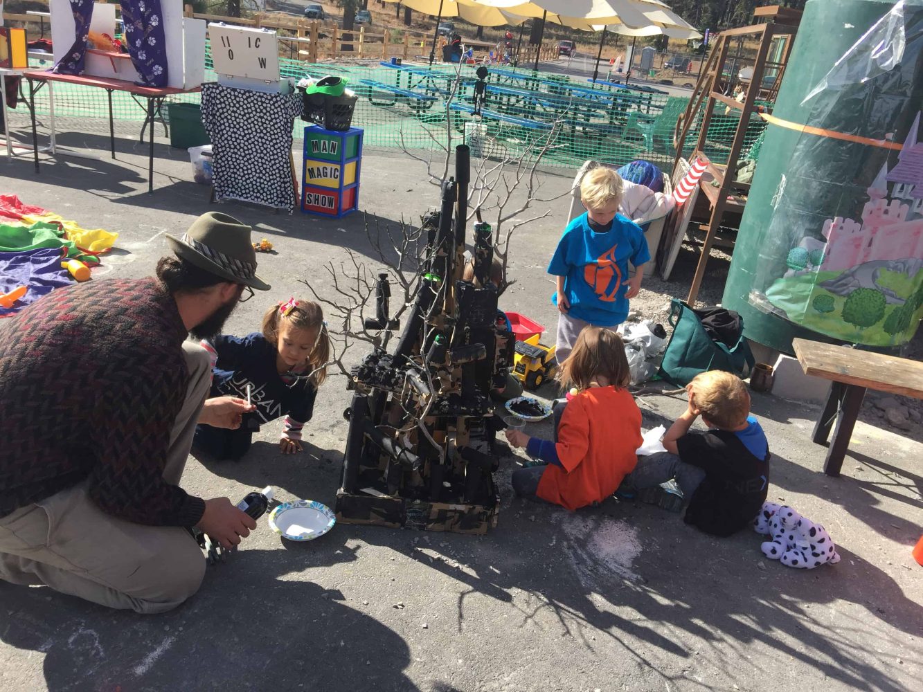 pre-k students attending art class outside