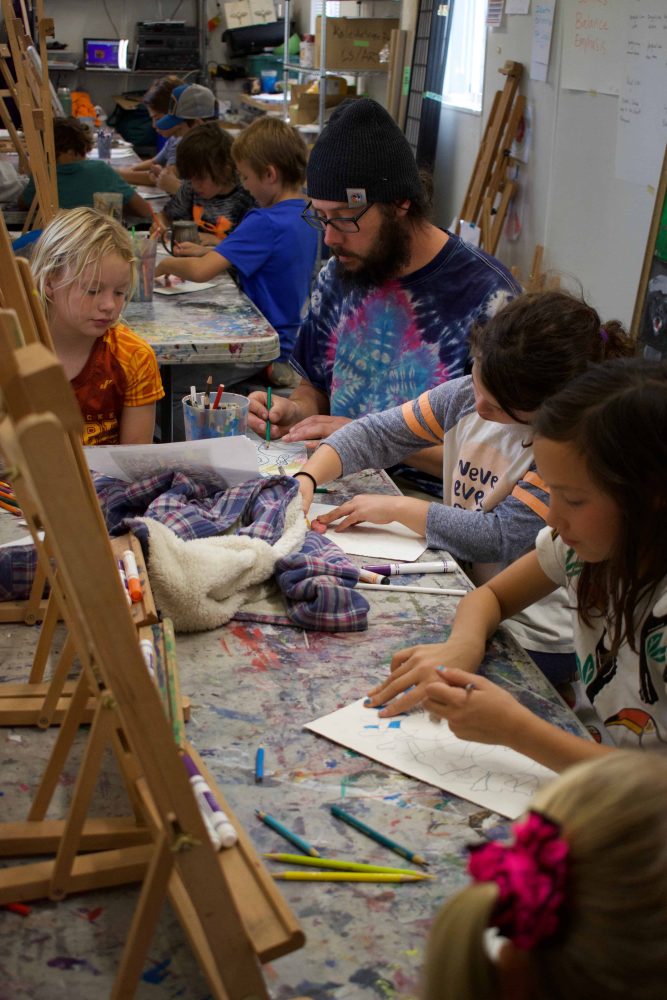 Art students working with their teacher at a desk