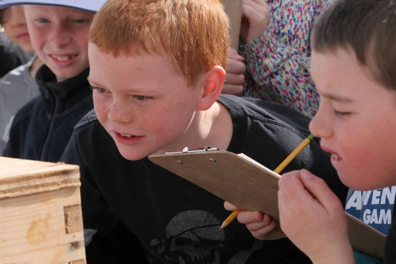 three students taking notes in front of a bee hive