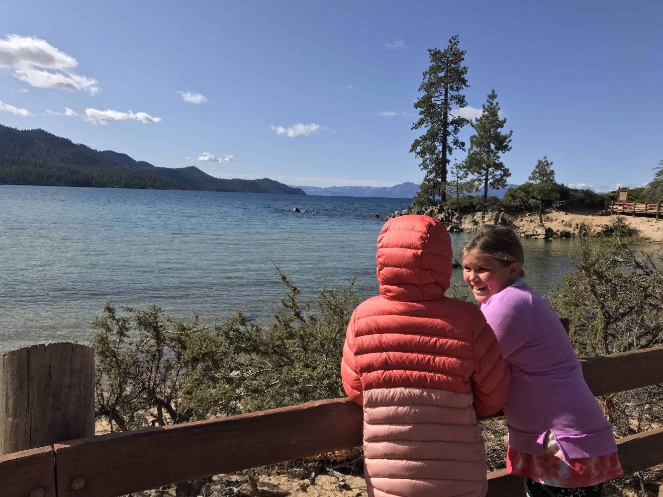 two students leaning on a wood railing beside the lake