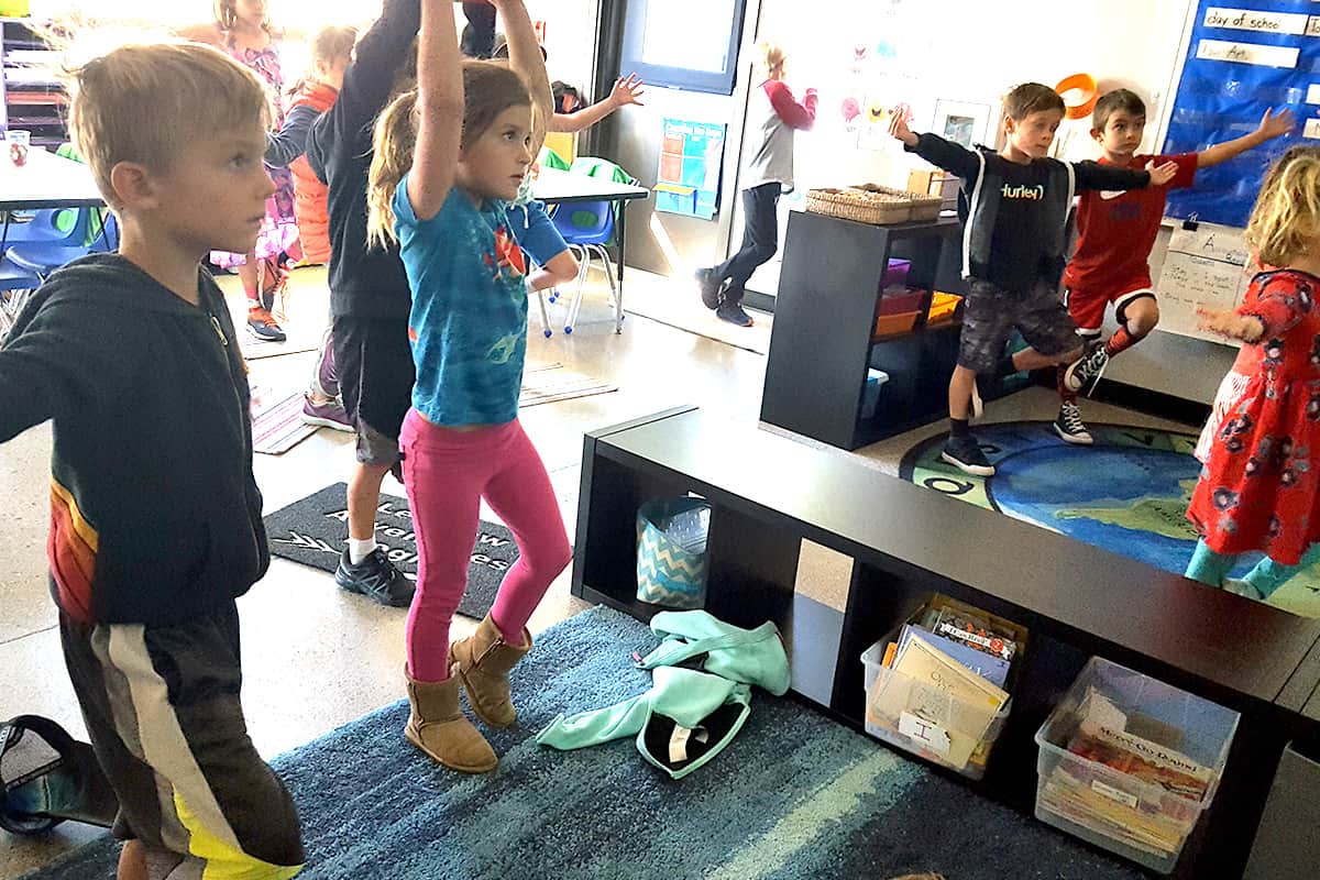 1st graders exercising and stretching