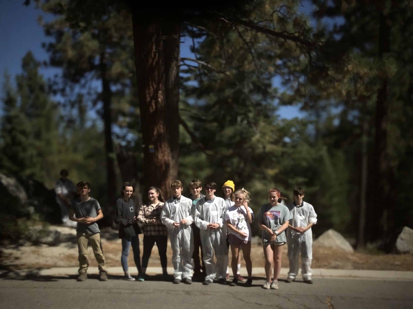 a group of stdents standing in front of trees