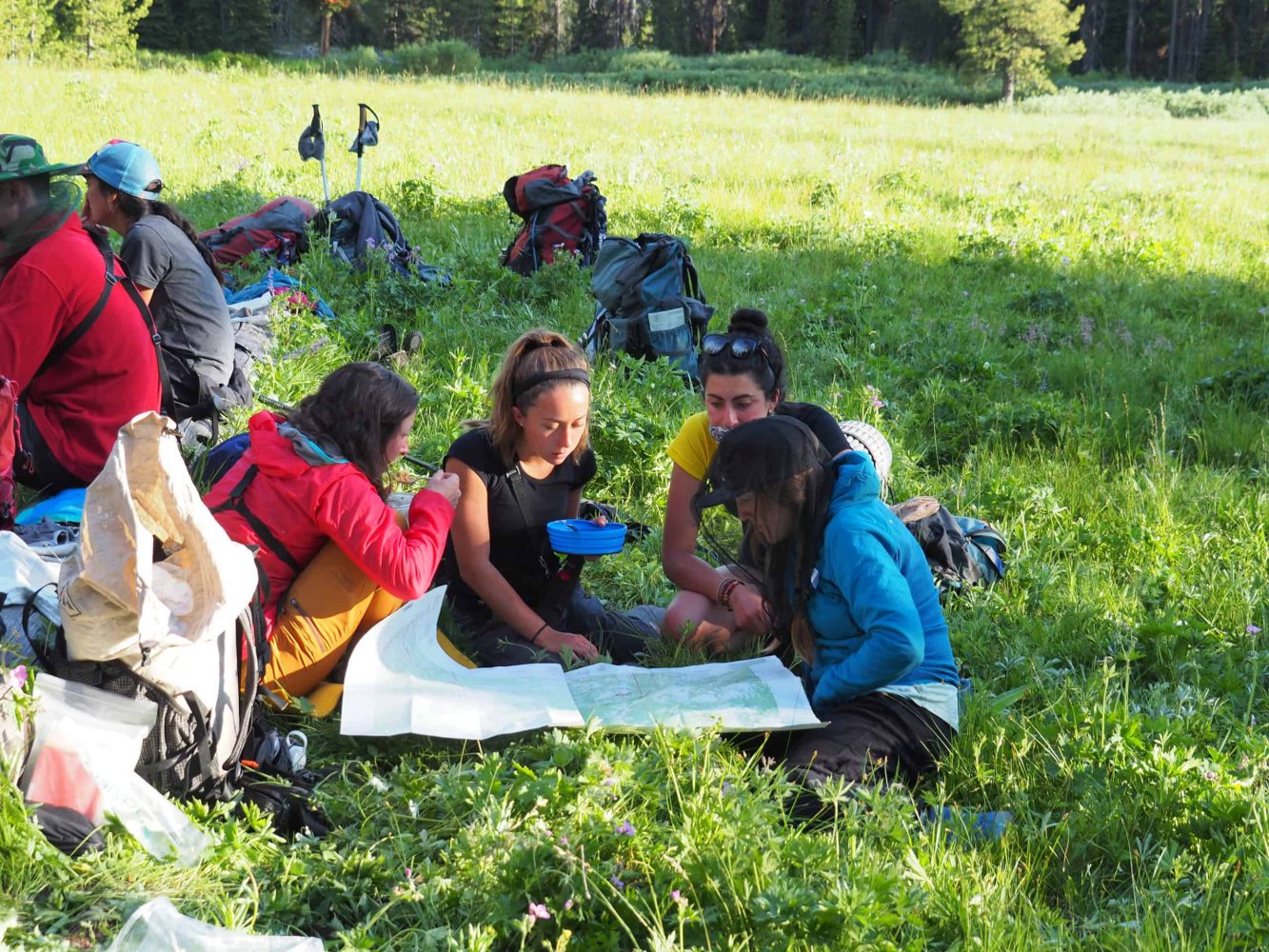 kids sit in the grass while planning their hiking route