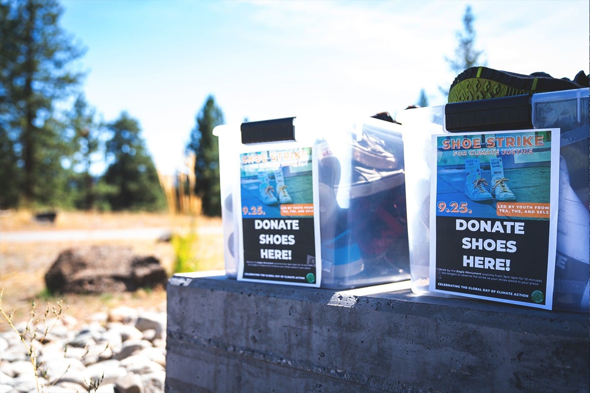 Donation bins for shoes at the strike